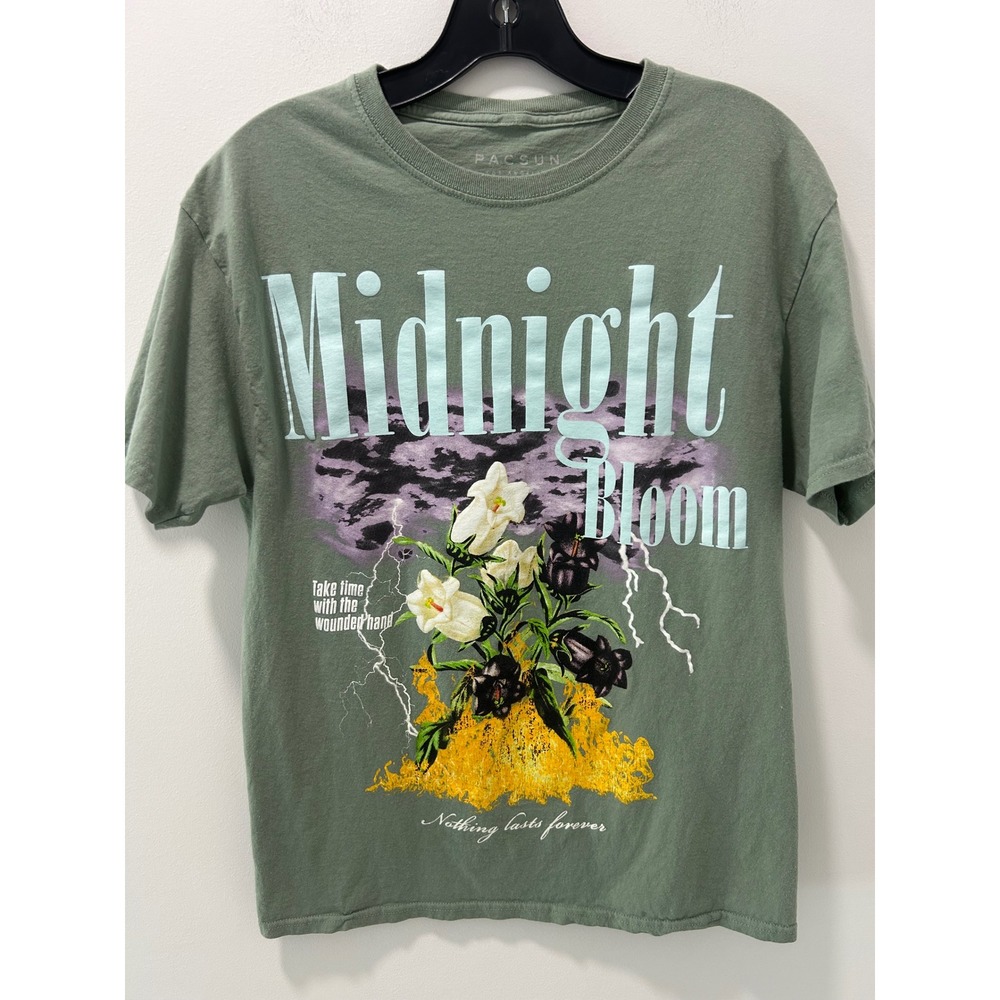 PacSun Midnight Bloom Graphic Tee Sage Green Floral Lightning Men Medium